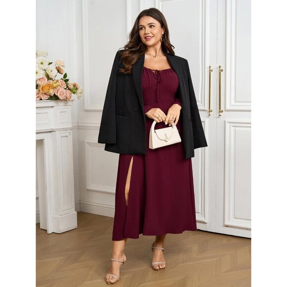 Women's Plus Size Maxi Dress Flowy A-Line Long Sleeve Square Neck Formal - Picture 7 of 7